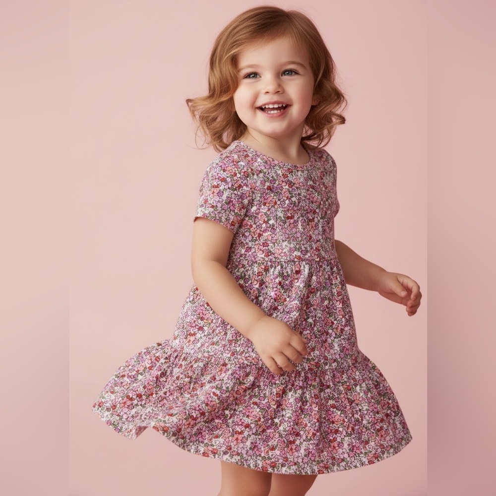 Wonder Nation Allover Printed Floral Tiered Dress w/ Pocket toddler girl size 3T